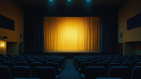 An empty theater stage with illuminated yellow curtains creates a dramatic atmosphere, inviting anticipation for an upcoming performance in this elegant space.の素材