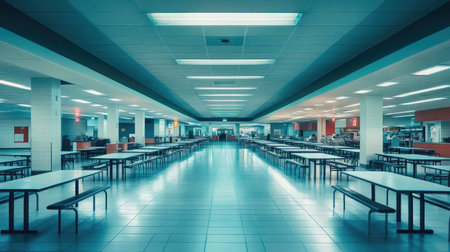 Spacious dining hall featuring long tables and benches in a modern design, well-lit with bright fluorescent lights, ideal for communal eating and gatherings.の素材