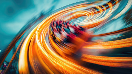 A captivating image showing the dynamic motion of a roller coaster, with vibrant lights and thrilled riders, capturing the essence of fun and excitement at an amusement park.の素材