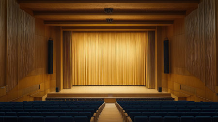 Spacious auditorium featuring a golden curtain and empty seats, designed for theatrical performances and events, showcasing modern architectural aesthetics and acoustic engineering.の素材