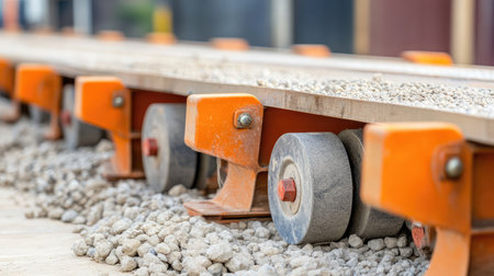Detailed view of robust rollers used for supporting railway tracks, showcasing gravel and construction materials in an industrial setting, highlighting engineering and safety elements.の素材