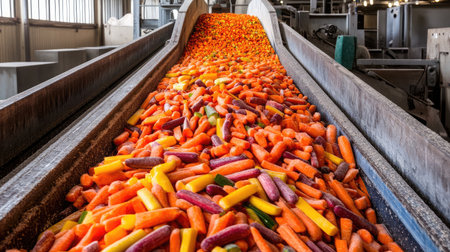 A lively display of freshly cut vegetables cascades down a conveyor in a modern processing factory, emphasizing the vibrant colors and healthy options for consumers.の素材