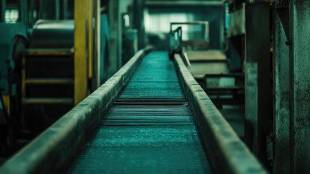 A detailed view of an industrial conveyor belt within an abandoned factory, showcasing a sense of neglect and decay in manufacturing environments with low lighting and weathered surfaces.の素材