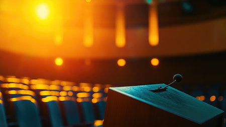 A beautifully lit podium in an empty auditorium creates an atmosphere perfect for public speaking or impactful presentations, inviting engagement and connection in a spacious environment.の素材