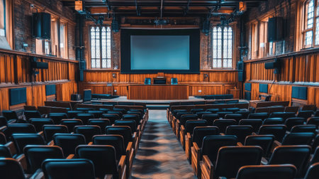 This stunning historic lecture hall features elegant wooden interiors, rows of comfortable chairs, and a large screen, ideal for educational presentations and events in a charming atmosphere.の素材