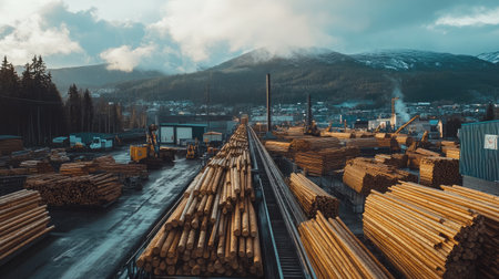 A stunning view of a timber processing yard filled with neatly stacked logs, surrounded by majestic mountains and blue skies, highlighting industrial activity and natural beauty.の素材