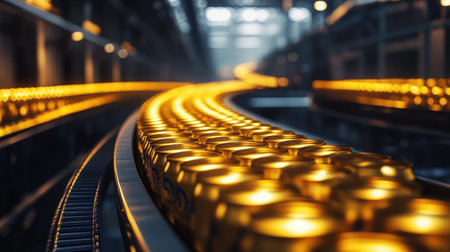 Explore a dynamic beverage production line featuring rows of gleaming gold cans in a modern factory setting, emphasizing efficiency and industrial design.の素材