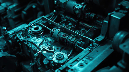 Explore a detailed close-up view of mechanical components, featuring gears and springs amidst a sleek blue backdrop, showcasing the beauty of industrial engineering and design.の素材