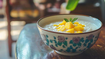 This image features a delicious bowl of coconut rice pudding topped with fresh mango pieces and mint leaves, perfect for breakfast or dessert in a cozy atmosphere.の素材