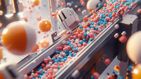 This visually captivating 3D abstract artwork features colorful particles and spheres dynamically moving along a conveyor belt, showcasing a blend of creativity and modern design.の素材