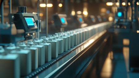 An automated production line showcases advanced measuring technology and products on a conveyor belt, highlighting modern efficiencies in an industrial environment.の素材