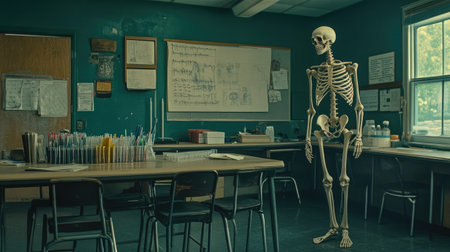 A classroom setting displaying an anatomical skeleton model designed for educational purposes, ideal for teaching anatomy and biology concepts.の素材