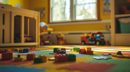 A bright and cheerful playroom filled with colorful building blocks scattered across a soft carpet, ideal for kids to enjoy creative and imaginative play in a warm environment.の素材