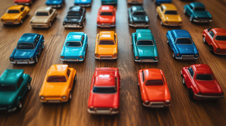 A vibrant assortment of vintage toy cars arranged on a wooden background, capturing the charm of classic designs and bright colors, perfect for collectors and enthusiasts alike.の素材