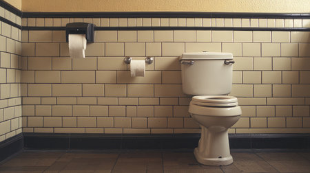 A clean and simple bathroom interior showcasing a classic tile design, featuring a toilet and toilet paper dispensers in muted colors for a timeless aesthetic.の素材
