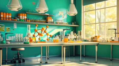 A vibrant and modern laboratory setting filled with colorful equipment and natural light, ideal for showcasing scientific research, education, and innovation.の素材