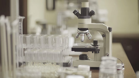A well-equipped laboratory features a microscope prominently displayed among various glassware and sample containers, ideal for research and educational purposes.の素材