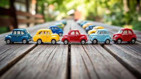A delightful arrangement of colorful toy cars parked on a wooden table creates a playful outdoor scene, capturing a nostalgic essence and cheerful atmosphere in bright daylight.の素材