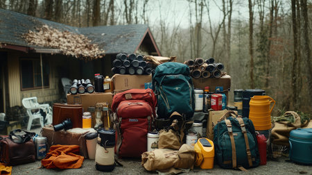 A vivid scene showcasing an array of outdoor gear and supplies stacked near a rustic cabin in a serene forest, ideal for outdoor adventure enthusiasts preparing for exploration.の素材