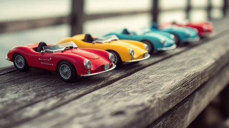A captivating display of colorful vintage toy cars lined up on a rustic wooden surface, evoking feelings of nostalgia and playfulness in a beautiful outdoor setting.の素材