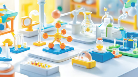 Engaging and vibrant laboratory scene with colorful molecules and glassware, perfect for illustrating science and educational concepts in a fun manner.の素材