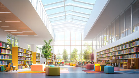 A modern library interior featuring abundant natural light, colorful seating, and organized bookshelves, creating an inviting space for reading and collaborative study.の素材