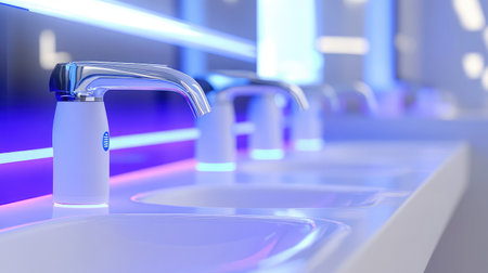 Experience a modern bathroom with sleek faucets and ambient lighting, showcasing clean lines and a contemporary aesthetic for stylish interiors and enhanced usability.の素材