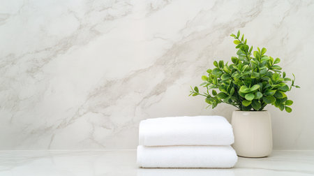 A serene bathroom scene featuring neatly stacked white towels beside a vibrant green plant in a soft pot on a luxurious marble surface, perfect for a relaxing spa experience.の素材