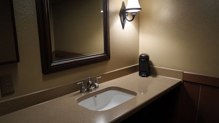 A serene bathroom scene featuring a modern sink, elegant lighting, and neutral tones. Ideal for showcasing minimalist design and practical home spaces.の素材