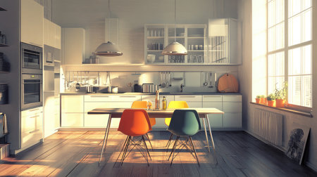 Bright and inviting kitchen interior with modern design, natural light, and stylish furniture, creating a cozy atmosphere perfect for cooking and dining.の素材