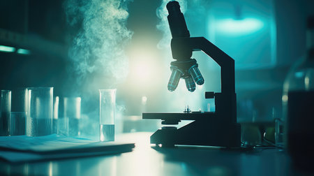 Captivating laboratory scene featuring a microscope with glassware, illuminated by soft lighting and fog, evoking a sense of scientific exploration and discovery.の素材