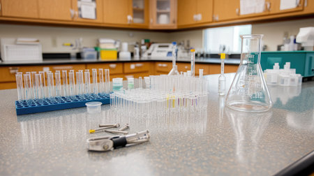 A modern laboratory workspace showcasing various glassware and scientific equipment, ideal for conducting experiments and analysis in a research setting.の素材