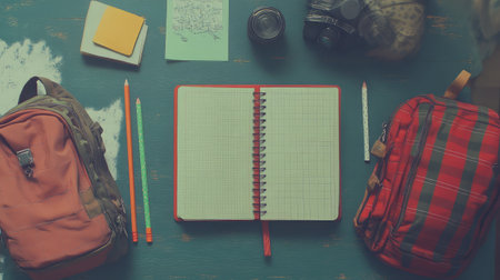 This flat lay features backpacks, an open notebook, and colorful stationery arranged on a rustic background, perfect for themes of education, travel, and creative planning.の素材