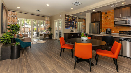 Experience a modern apartment interior showcasing open spaces, stylish furnishings, and a welcoming atmosphere, perfect for relaxation and social gatherings.の素材