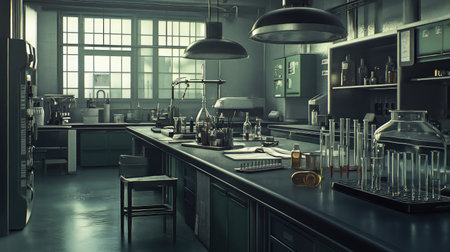 A detailed view of a spacious laboratory filled with an array of glassware, instruments, and a clean, organized workspace, perfect for scientific research and experimentation.の素材