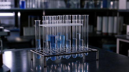 A set of laboratory test tubes filled with blue liquid is displayed on a metallic rack, showcasing a clean and modern environment ideal for scientific research and experimentation.の素材
