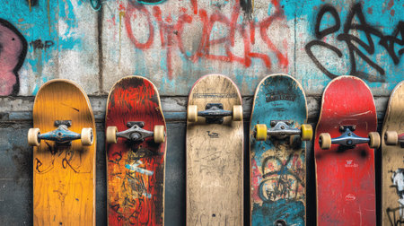 A collection of colorful skateboards lined up against a vibrant graffiti wall, capturing the essence of urban youth culture and artistic expression in the world of action sports.の素材