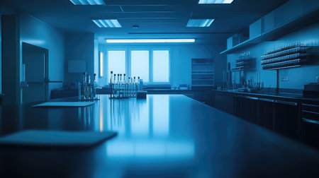 A serene laboratory scene featuring a sleek countertop illuminated by blue light, showcasing glass test tubes and equipment in a pristine and organized professional environment.の素材