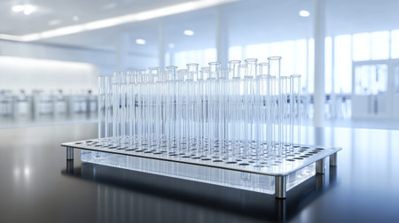 A striking image of a modern laboratory featuring multiple clear glass test tubes arranged on a sleek stainless steel rack, emphasizing a clean and organized research environment.の素材