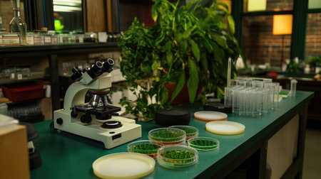 A well-equipped laboratory scene showcasing a microscope, petri dishes, and lush greenery, emphasizing the intersection of science and nature in modern research environments.の素材