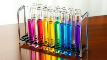 A stunning display of colorful liquids in test tubes arranged on a lab rack captures the essence of scientific exploration and chemistry in a professional laboratory environment.の素材