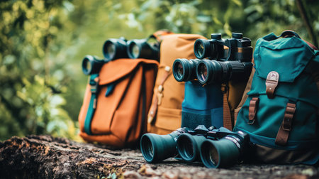 A vibrant arrangement of colorful backpacks and binoculars on a log in a serene forest setting, ideal for outdoor adventures and nature exploration activities.の素材
