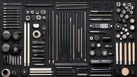 An artistic flat lay showcasing a diverse collection of office and art supplies on a dark background, perfect for projects focusing on creativity and productivity in various professional settings.の素材