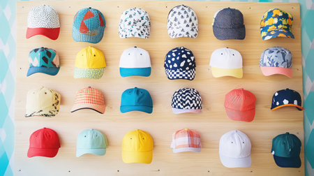 A vibrant assortment of colorful caps arranged on a wooden wall, showcasing various patterns and designs, ideal for lifestyle photography and fashion projects.の素材