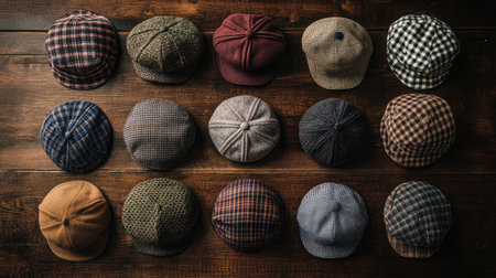 This image features a captivating display of vintage hats arranged gracefully on a dark wooden surface, highlighting their diverse patterns and textures, perfect for fashion inspiration.の素材