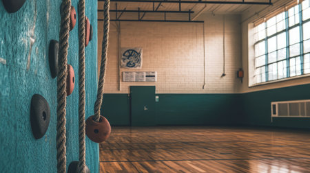 A spacious indoor gym featuring a climbing wall and rope setup, illuminated by natural light streaming through large windows, creating a nostalgic atmosphere.の素材