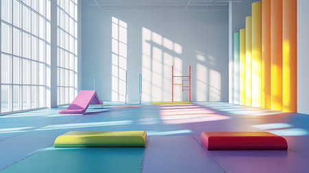 A spacious gymnastics training room filled with colorful mats and equipment, bathed in natural light from large windows, creating a welcoming atmosphere for activities.の素材