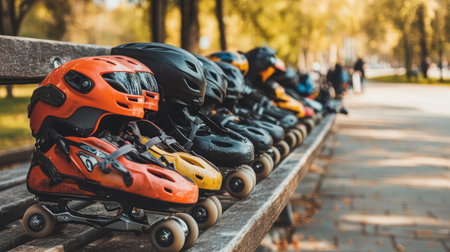 A row of colorful inline skates and helmets rests on a park bench, capturing the essence of outdoor activities in autumn, surrounded by trees and people enjoying nature.の素材