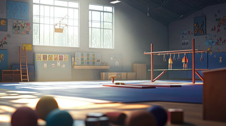 This vibrant gymnasium interior showcases exercise equipment and soft lighting, creating an inspiring space for physical activity, training, and athletic development.の素材