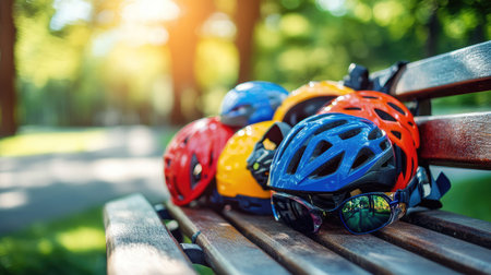 A vibrant display of bicycle helmets in various colors alongside stylish sunglasses rests on a park bench, capturing the essence of outdoor adventure and safety in a serene environment.の素材